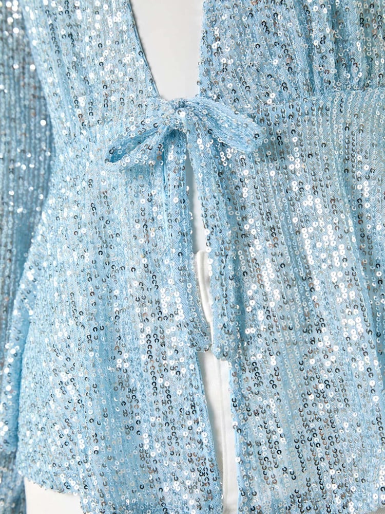 Roman Blue Sequin Tie Front Stretch Cardigans - Image 5 of 5