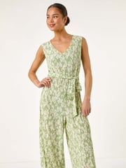 Roman Green Petite Floral Print Crinkle Crop Jumpsuit - Image 1 of 5