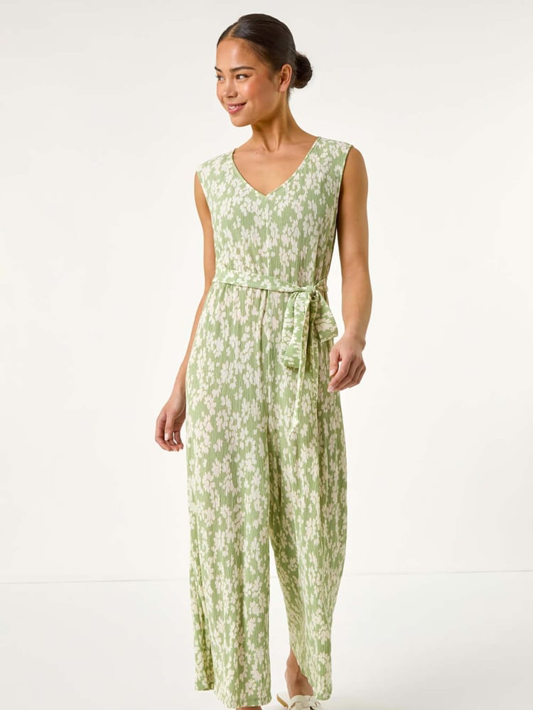 Roman Green Petite Floral Print Crinkle Crop Jumpsuit - Image 2 of 5