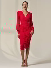 Jolie Moi Red Long Sleeve Ruched Mesh Midi Dress - Image 1 of 6