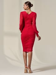 Jolie Moi Red Long Sleeve Ruched Mesh Midi Dress - Image 2 of 6