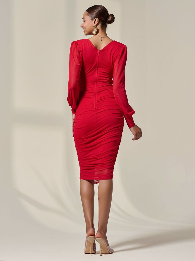Jolie Moi Red Long Sleeve Ruched Mesh Midi Dress - Image 2 of 6