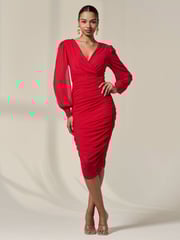 Jolie Moi Red Long Sleeve Ruched Mesh Midi Dress - Image 3 of 6