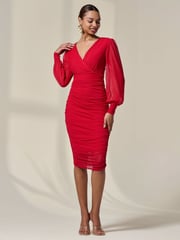 Jolie Moi Red Long Sleeve Ruched Mesh Midi Dress - Image 4 of 6