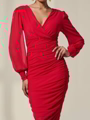 Jolie Moi Red Long Sleeve Ruched Mesh Midi Dress - Image 6 of 6