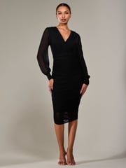 Jolie Moi Black Long Sleeve Ruched Mesh Midi Dress - Image 2 of 6