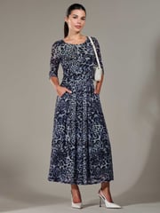 Jolie Moi Blue Petite Pleated Half Sleeve Midi Dress - Image 5 of 6