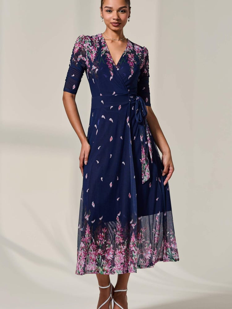 Jolie Moi Blue Half Sleeve Floral Wrap Dress - Image 1 of 6