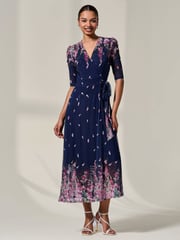 Jolie Moi Blue Half Sleeve Floral Wrap Dress - Image 2 of 6