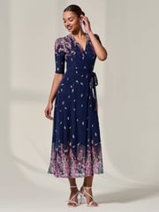Jolie Moi Blue Half Sleeve Floral Wrap Dress - Image 5 of 6