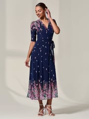 Jolie Moi Blue Half Sleeve Floral Wrap Dress - Image 6 of 6