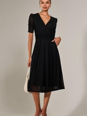 Jolie Moi Black Ruched Sleeve Mesh Maxi Dress - Image 1 of 6