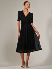 Jolie Moi Black Ruched Sleeve Mesh Maxi Dress - Image 4 of 6