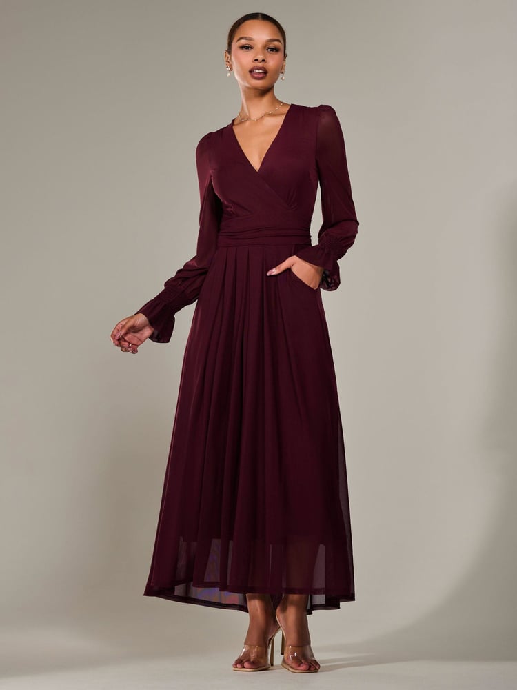 Jolie Moi Red Long Sleeve Mesh Maxi Dress - Image 1 of 6