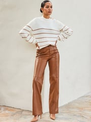 Sosandar Brown Leather Button Front Wide Leg Trousers - Image 2 of 4