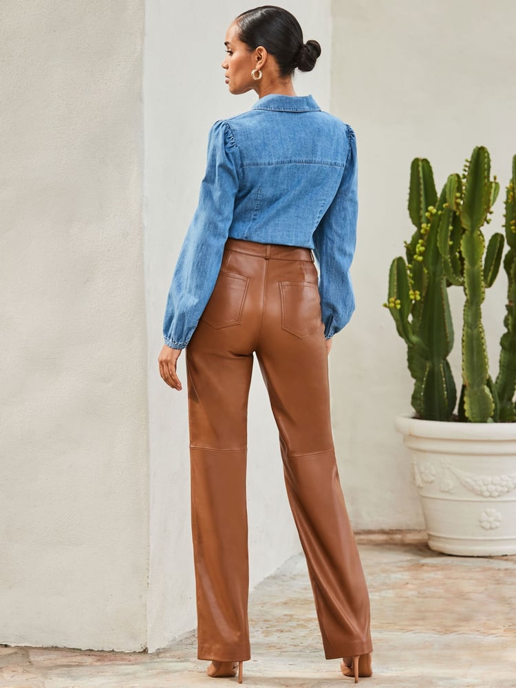 Sosandar Brown Leather Button Front Wide Leg Trousers - Image 4 of 4
