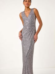 Roman Grey Sequin Side Twist Wrap Maxi Dress - Image 1 of 5