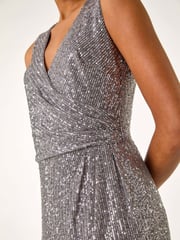 Roman Grey Sequin Side Twist Wrap Maxi Dress - Image 2 of 5