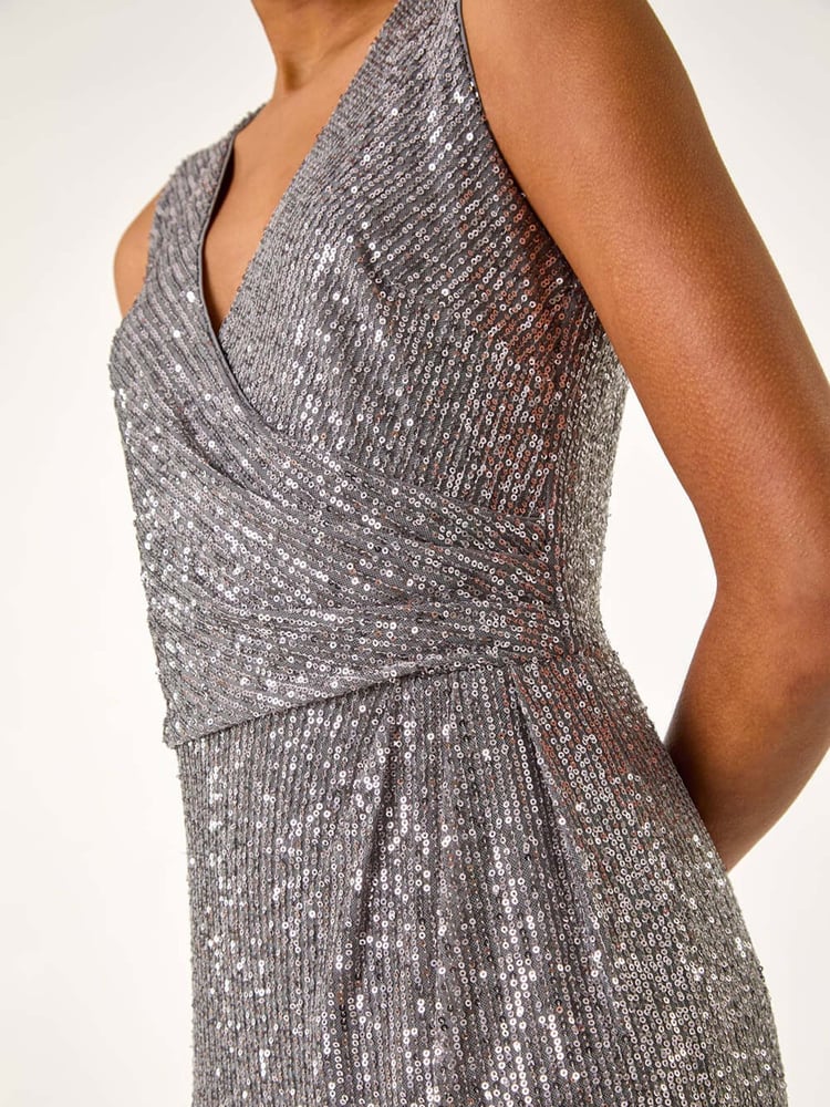 Roman Grey Sequin Side Twist Wrap Maxi Dress - Image 2 of 5