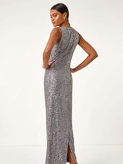 Roman Grey Sequin Side Twist Wrap Maxi Dress - Image 4 of 5