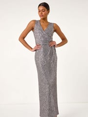 Roman Grey Sequin Side Twist Wrap Maxi Dress - Image 5 of 5