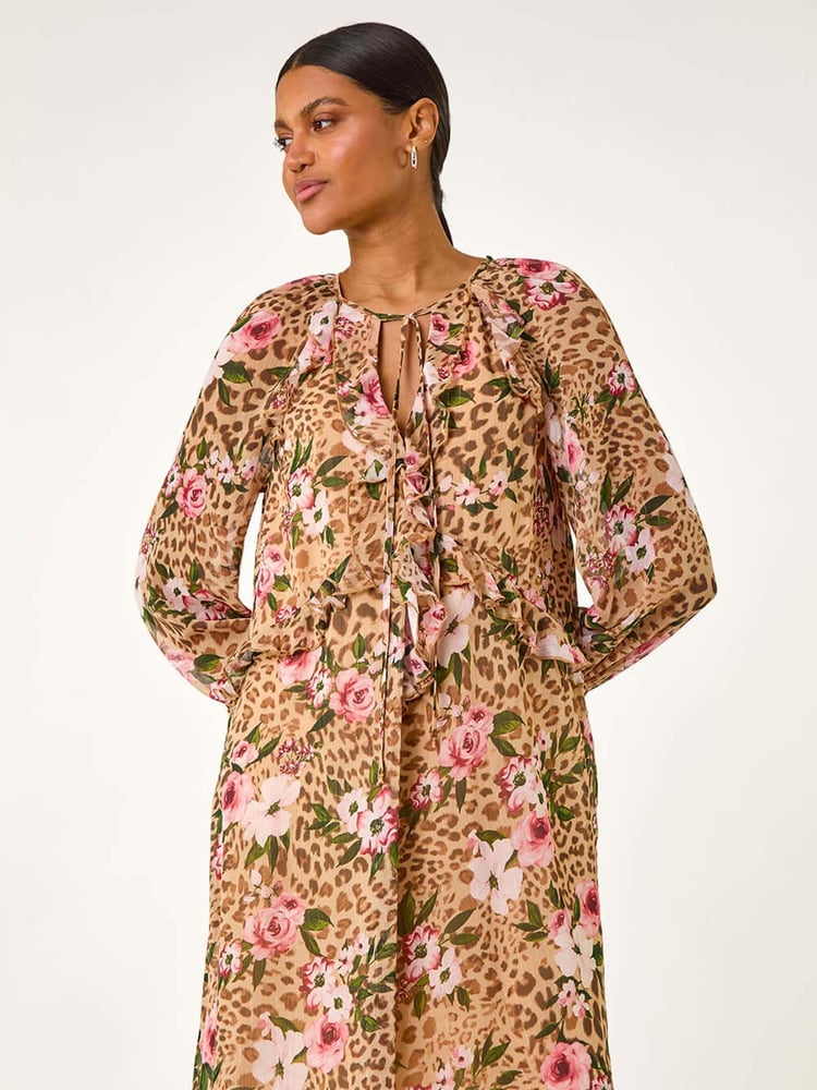 Roman Natural Floral Animal Print Frill A-Line Dress - Image 2 of 5