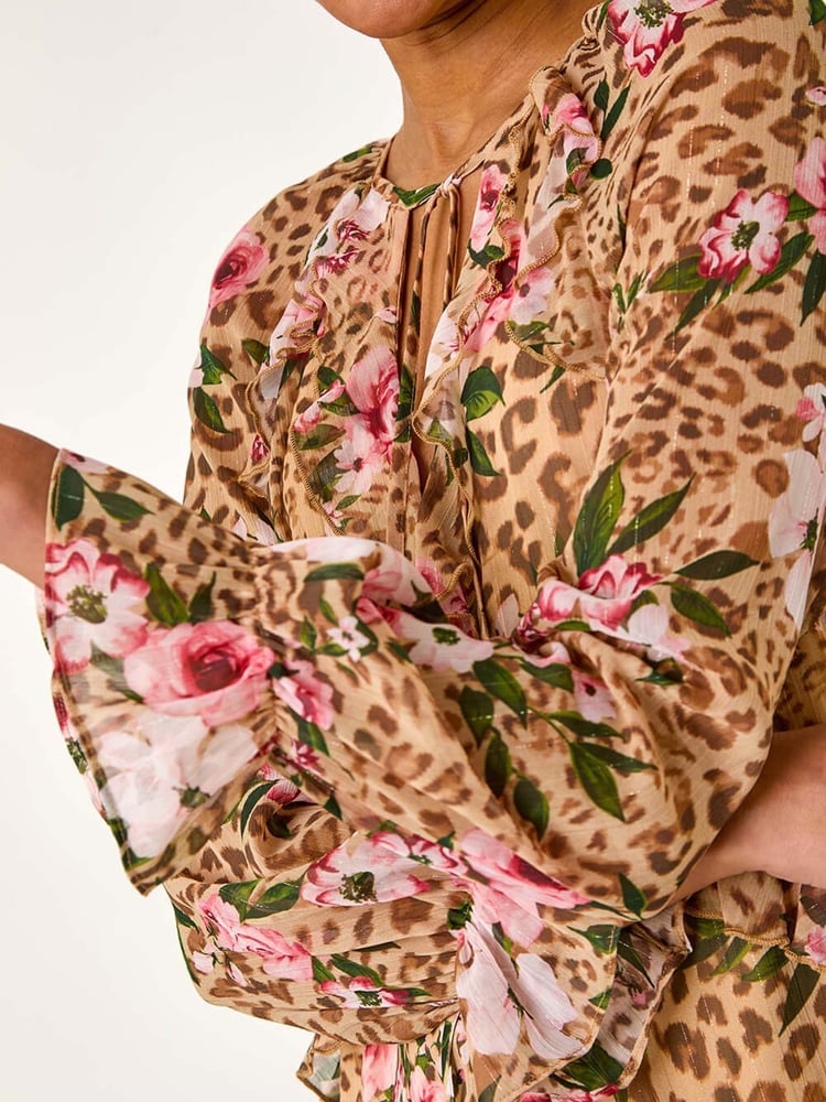 Roman Natural Floral Animal Print Frill A-Line Dress - Image 5 of 5