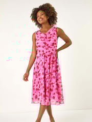 Roman Pink Floral Print Chiffon Cowl Neck Dress - Image 1 of 5