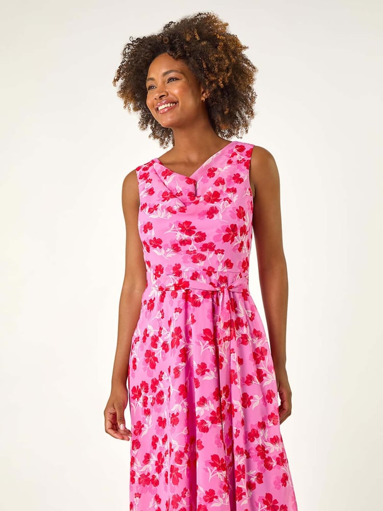 Roman Pink Floral Print Chiffon Cowl Neck Dress - Image 2 of 5