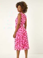 Roman Pink Floral Print Chiffon Cowl Neck Dress - Image 3 of 5