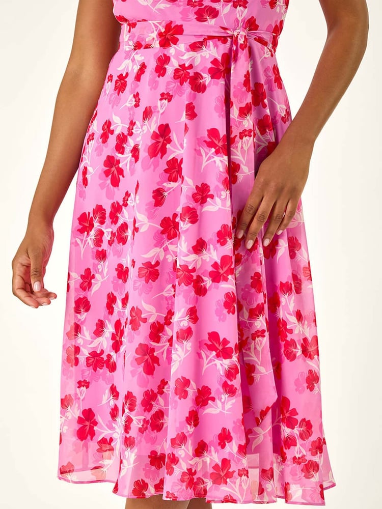 Roman Pink Floral Print Chiffon Cowl Neck Dress - Image 5 of 5