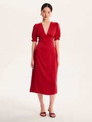 Omnes Red Odette Puff Sleeve Midi V-Neck Dress - Image 1 of 5