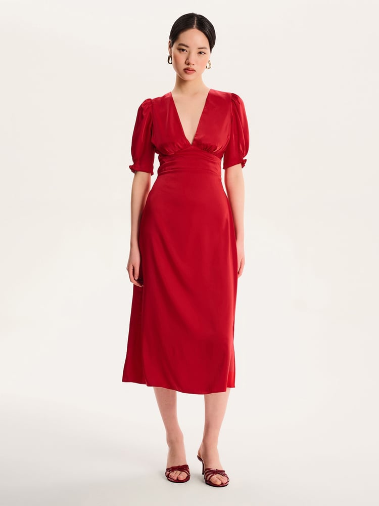 Omnes Red Odette Puff Sleeve Midi V-Neck Dress - Image 1 of 5