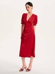 Omnes Red Odette Puff Sleeve Midi V-Neck Dress - Image 3 of 5