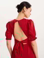 Omnes Red Odette Puff Sleeve Midi V-Neck Dress - Image 4 of 5
