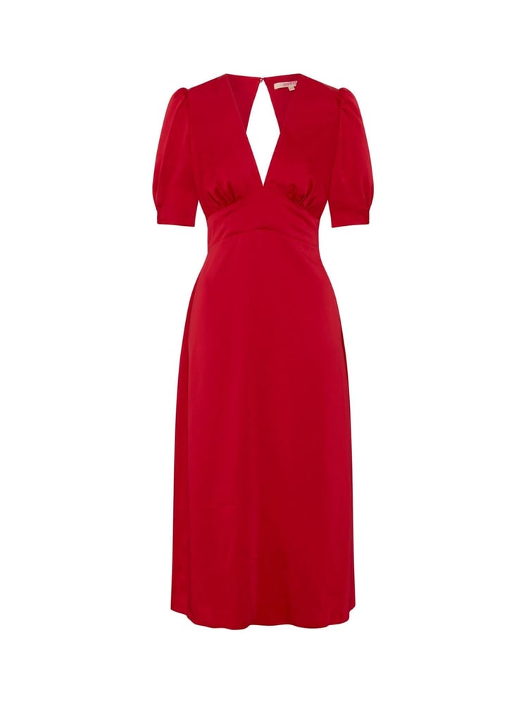 Omnes Red Odette Puff Sleeve Midi V-Neck Dress - Image 5 of 5