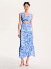 Omnes Blue Marin V-Neck Front Twist Satin Midi Dress - Image 1 of 5