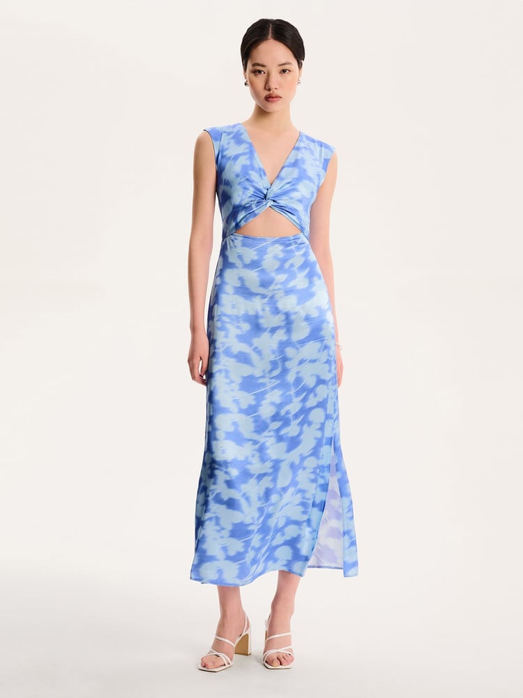 Omnes Blue Marin V-Neck Front Twist Satin Midi Dress - Image 1 of 5