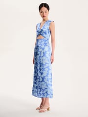 Omnes Blue Marin V-Neck Front Twist Satin Midi Dress - Image 2 of 5
