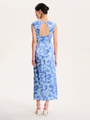 Omnes Blue Marin V-Neck Front Twist Satin Midi Dress - Image 3 of 5