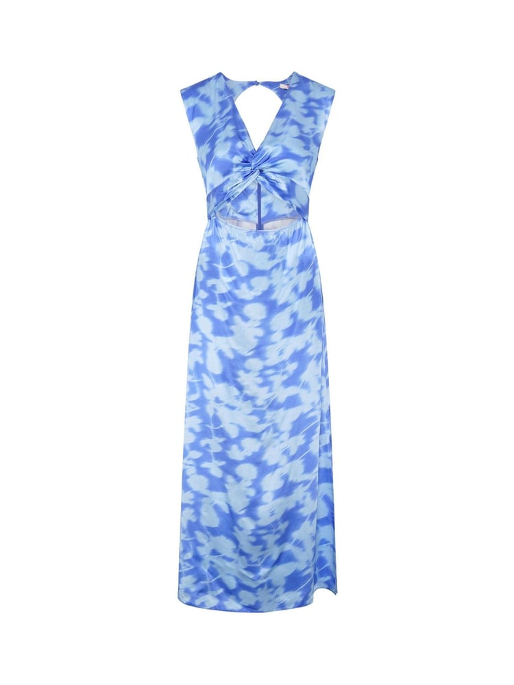 Omnes Blue Marin V-Neck Front Twist Satin Midi Dress - Image 5 of 5