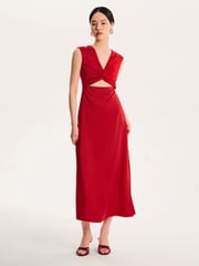 Omnes Red Marin V-Neck Front Twist Satin Midi Dress - Image 1 of 5
