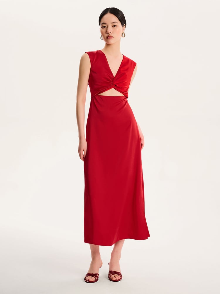 Omnes Red Marin V-Neck Front Twist Satin Midi Dress - Image 1 of 5