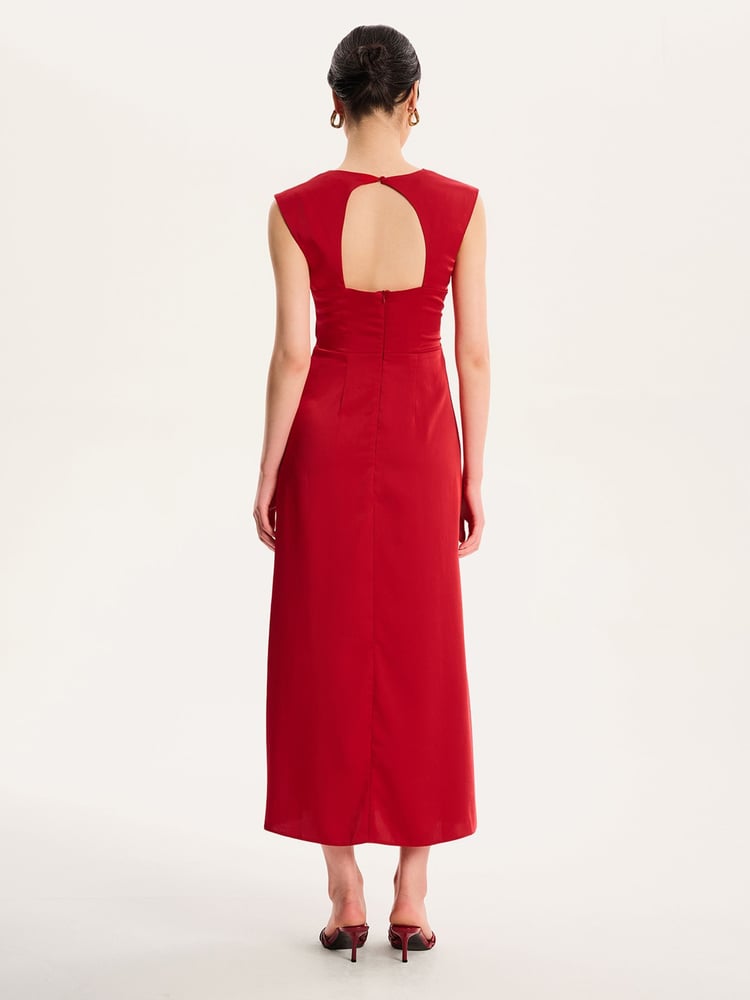 Omnes Red Marin V-Neck Front Twist Satin Midi Dress - Image 2 of 5