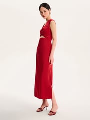 Omnes Red Marin V-Neck Front Twist Satin Midi Dress - Image 3 of 5