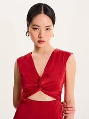 Omnes Red Marin V-Neck Front Twist Satin Midi Dress - Image 4 of 5