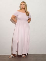 Yours Curve Pink Shirred Bardot Maxi Dress - Image 1 of 5
