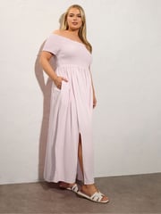 Yours Curve Pink Shirred Bardot Maxi Dress - Image 2 of 5