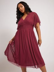 Yours Curve Red London Pleated Gathered V-Neck Dress - Image 1 of 4