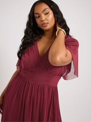 Yours Curve Red London Pleated Gathered V-Neck Dress - Image 4 of 4